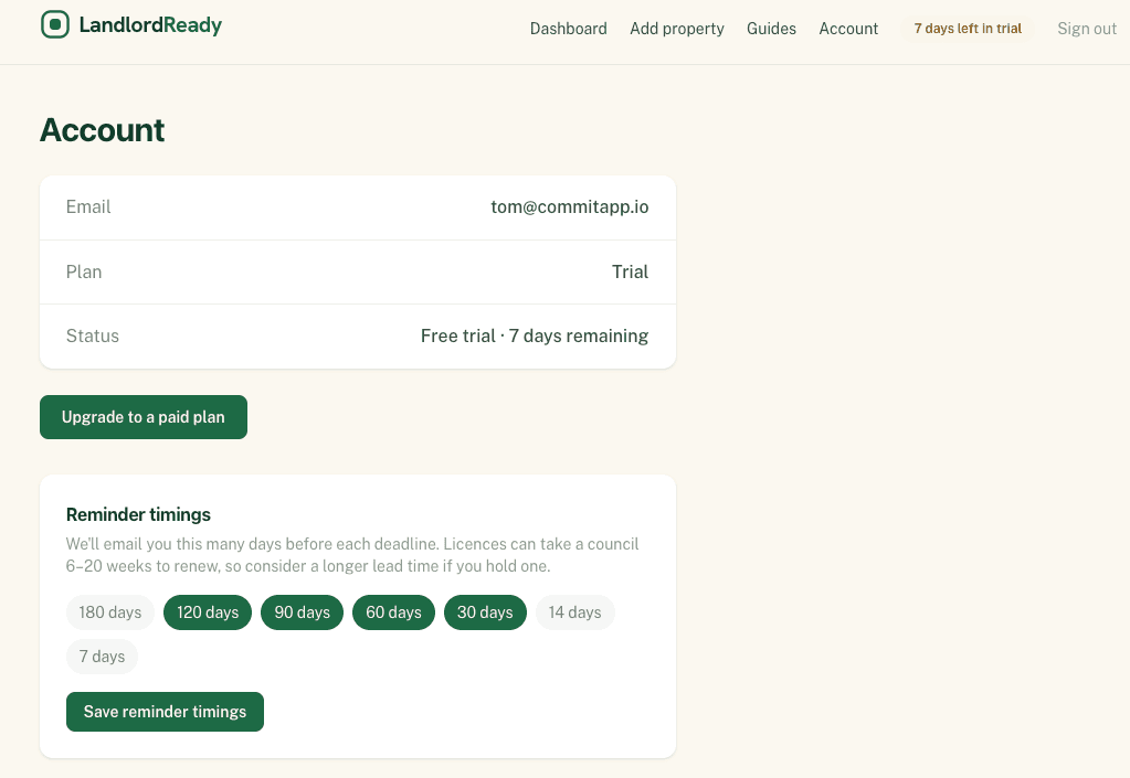 Account and reminder settings